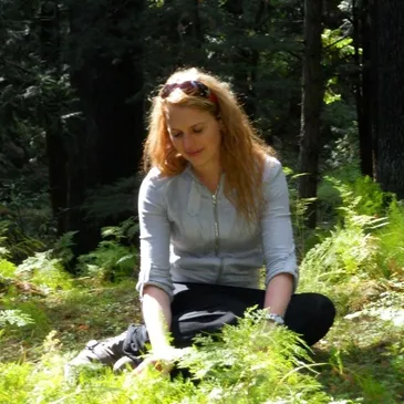 The owner of Weeding Earth Angels sitting among ferns in a sunlit garden